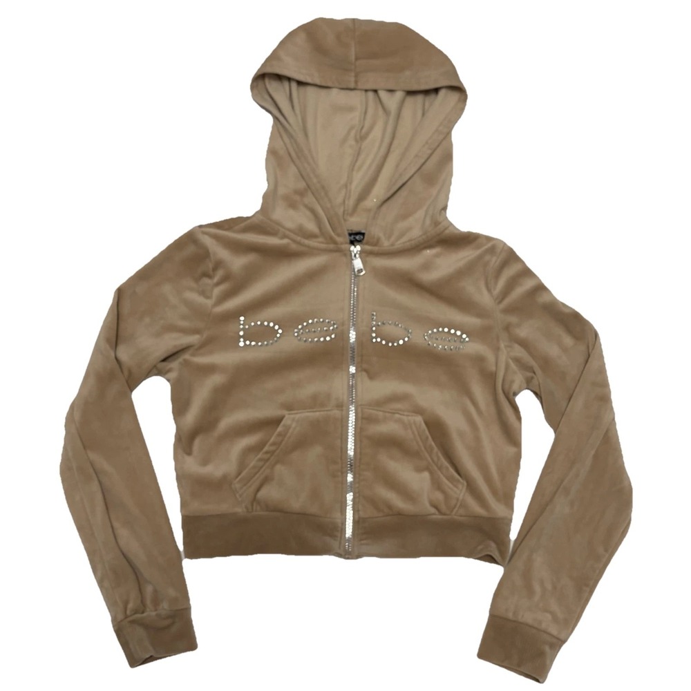 Y2K Bebe Velour Logo Full Zip Jacket M Streetwear Hip Hop 90s Urban Rhinestone